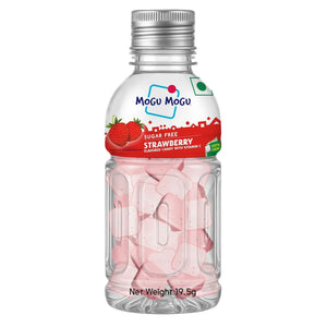 Mogu Mogu sugar free strawberry flavored candy bottle with pink candies inside