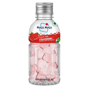 Mogu Mogu sugar free strawberry flavored candy bottle with pink candies inside