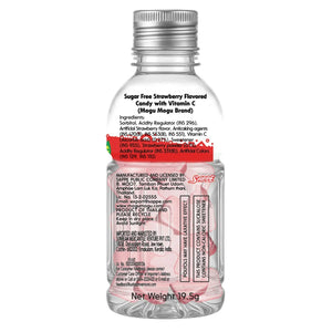 Sugar free strawberry flavored candy bottle with ingredient list and nutritional information