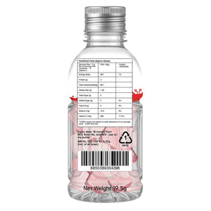 Clear plastic bottle of pink strawberry hard candy with nutritional facts label and barcode
