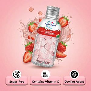 Sugar free strawberry flavored candy with vitamin C in a bottle, fresh strawberries, pink background.