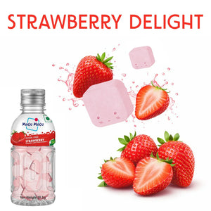 Mogu Mogu sugar-free strawberry candy bottle with whole and sliced strawberries, splash effect.