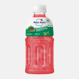 Mogu Mogu watermelon juice drink with nata de coco in 320ml bottle with water droplets