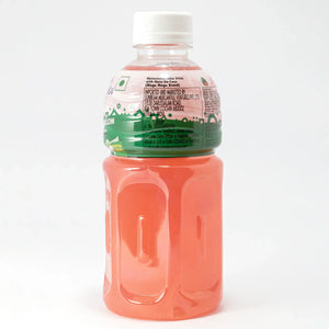 Mogu Mogu watermelon juice drink bottle with nata de coco in pink liquid and green label