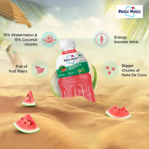 Mogu Mogu watermelon juice drink with coconut chunks in sandy beach setting with watermelon slices
