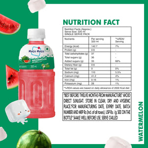 Mogu Mogu watermelon juice drink bottle with nutrition facts and watermelon slices on green background