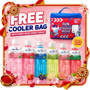 Assorted Mogu Mogu fruit juice drinks with a free blue cooler bag promotional offer.