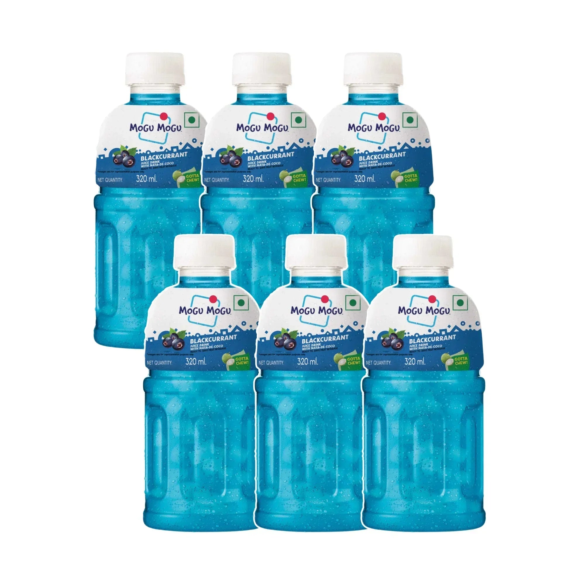 Six bottles of Mogu Mogu blackcurrant juice drink with nata de coco, 320ml each, blue liquid