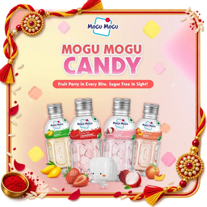 Mogu Mogu sugar free fruit candy bottles in mango, strawberry, lychee, and peach flavors.