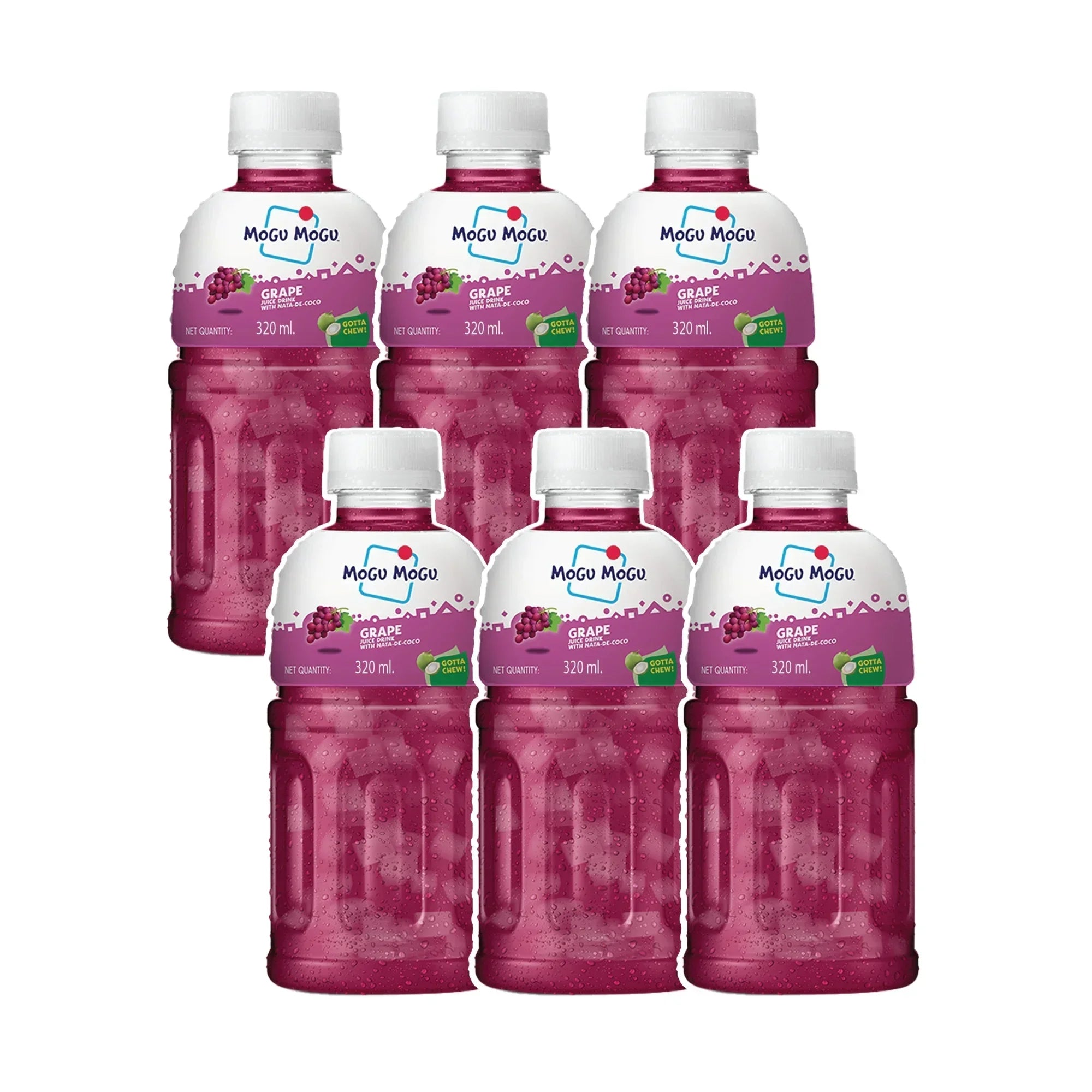 Six bottles of Mogu Mogu grape juice drink with coconut, 320ml, arranged in two rows.