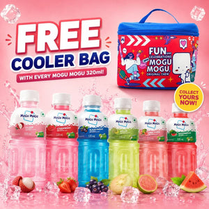 Mogu Mogu 320ml fruit drinks with free cooler bag, featuring lychee, strawberry, blackcurrant, melon, pink guava, and watermelon flavors.