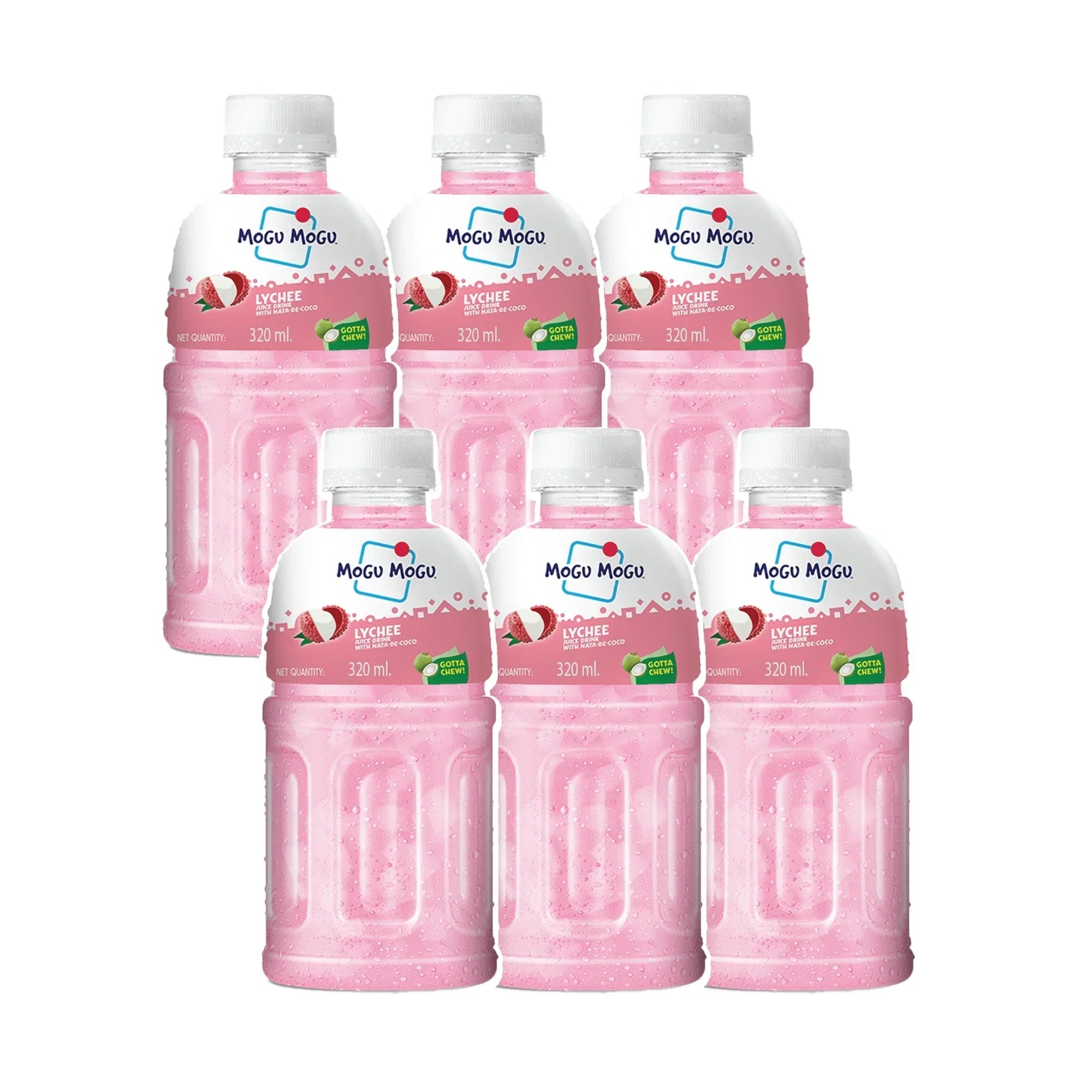 Six bottles of Mogu Mogu Lychee juice drink with nata de coco, 320ml, pink beverage packaging.