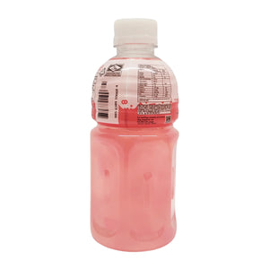 Back view of a pink lychee drink bottle with a white cap and nutrition label