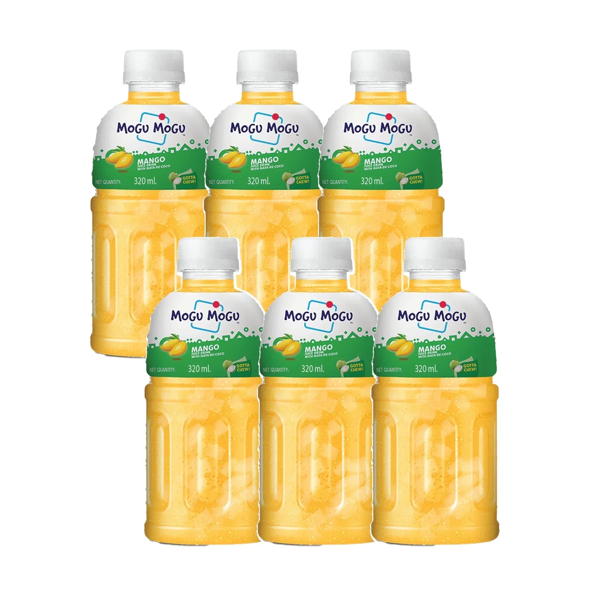 Six bottles of Mogu Mogu Mango juice drink with nata de coco, 320 ml each, arranged in rows.