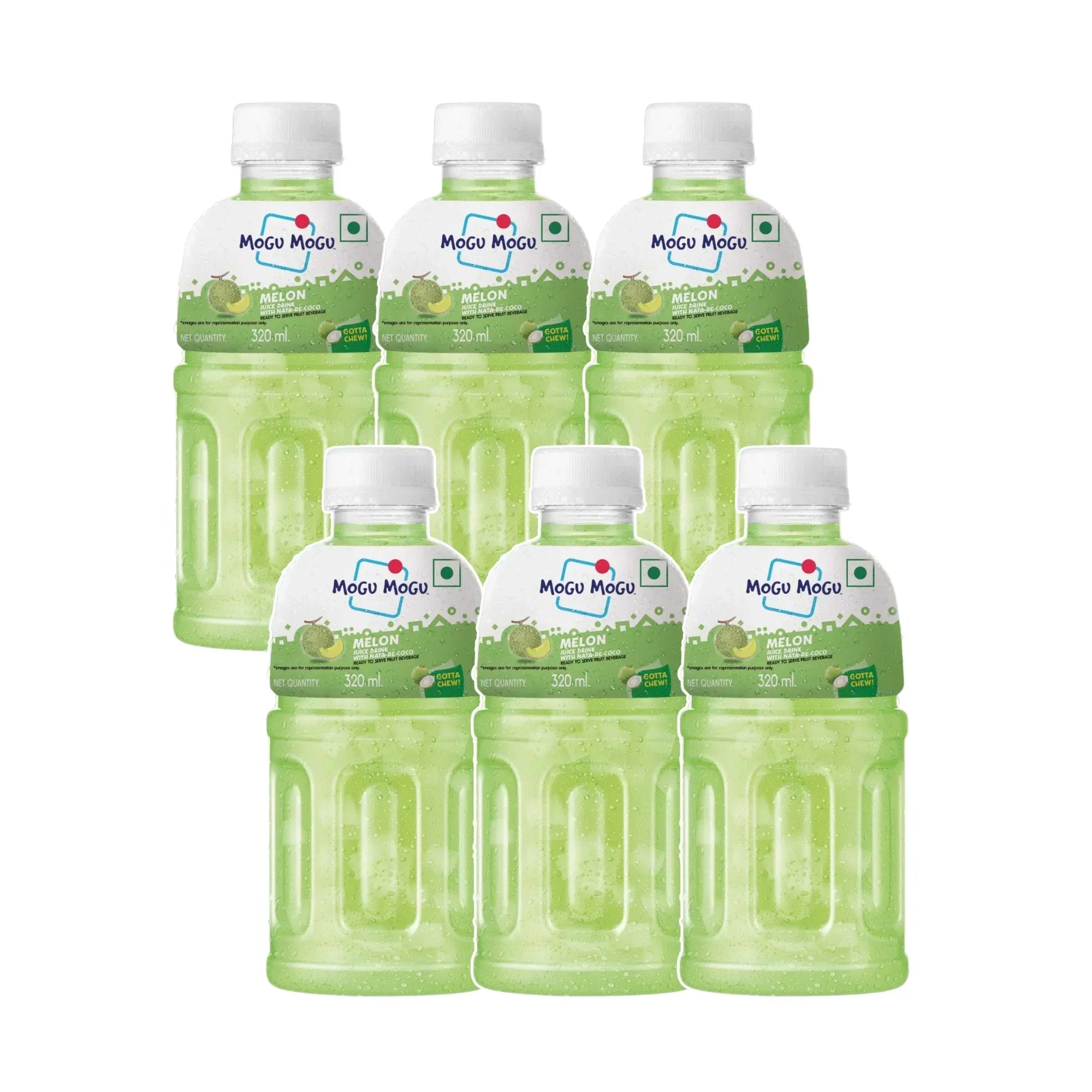Six bottles of Mogu Mogu Melon juice with nata de coco, 320ml each, arranged in rows