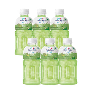Six bottles of Mogu Mogu Melon juice with nata de coco, 320ml each, arranged in rows
