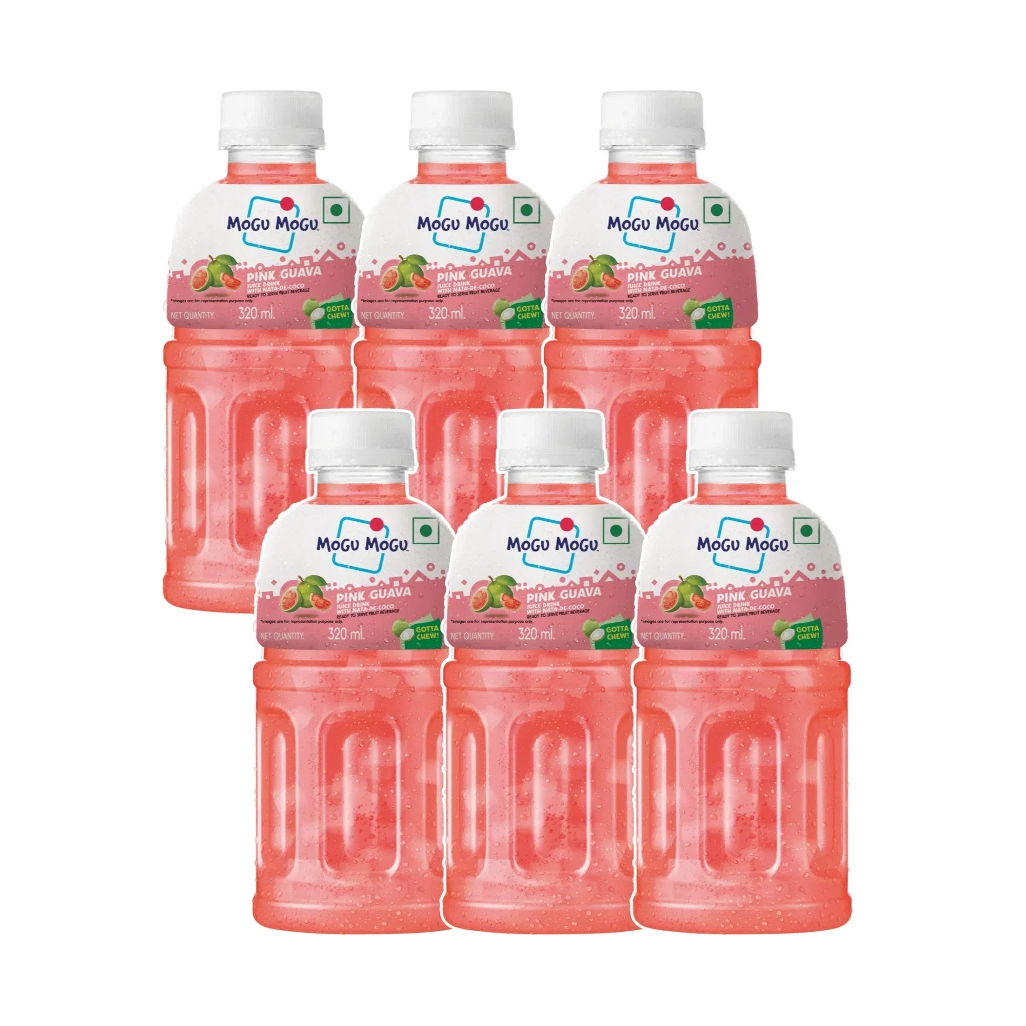 Six bottles of Mogu Mogu Pink Guava juice with nata de coco, 320ml each, grouped on white background
