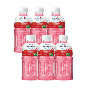 Six bottles of Mogu Mogu Strawberry juice drink with nata de coco, 320ml each, on white background