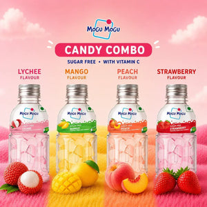 Mogu Mogu sugar-free candy combo with lychee, mango, peach & strawberry flavors, vitamin C, soft chewy texture