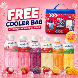 Mogu Mogu 320ml fruit drinks with free cooler bag, featuring lychee, strawberry, grape, apple, orange, and mango flavors.