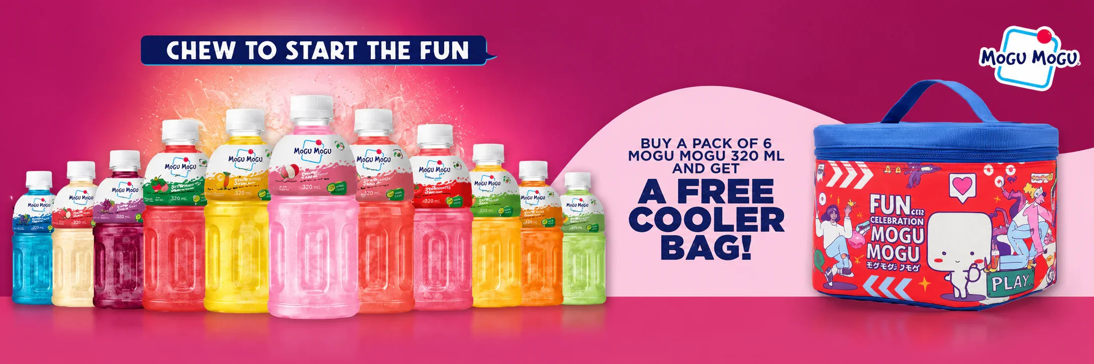 Mogu Mogu 320ml drinks with free cooler bag offer, vibrant flavors and fun packaging