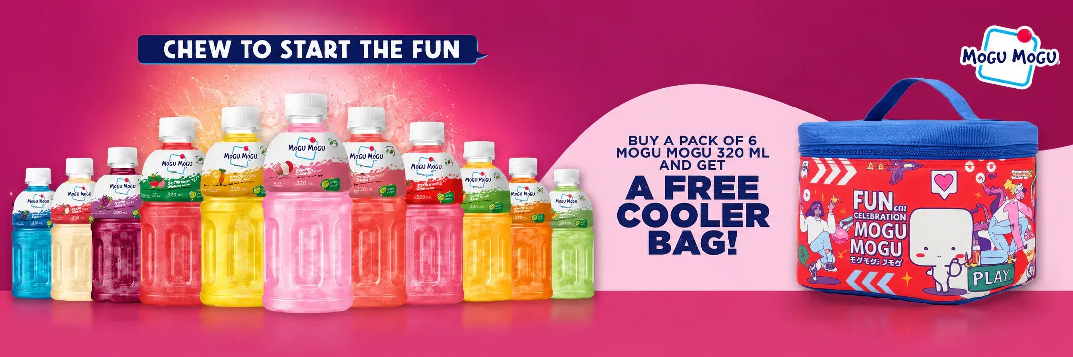 Mogu Mogu 320ml drinks with free cooler bag offer, vibrant flavors and fun packaging