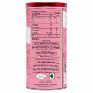 Pink tin with nutritional info, ingredients, and allergen details for imported gourmet snack, product of Indonesia