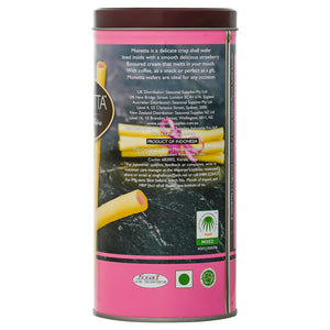 Back view of Monetta strawberry wafer sticks tin with product details and labels