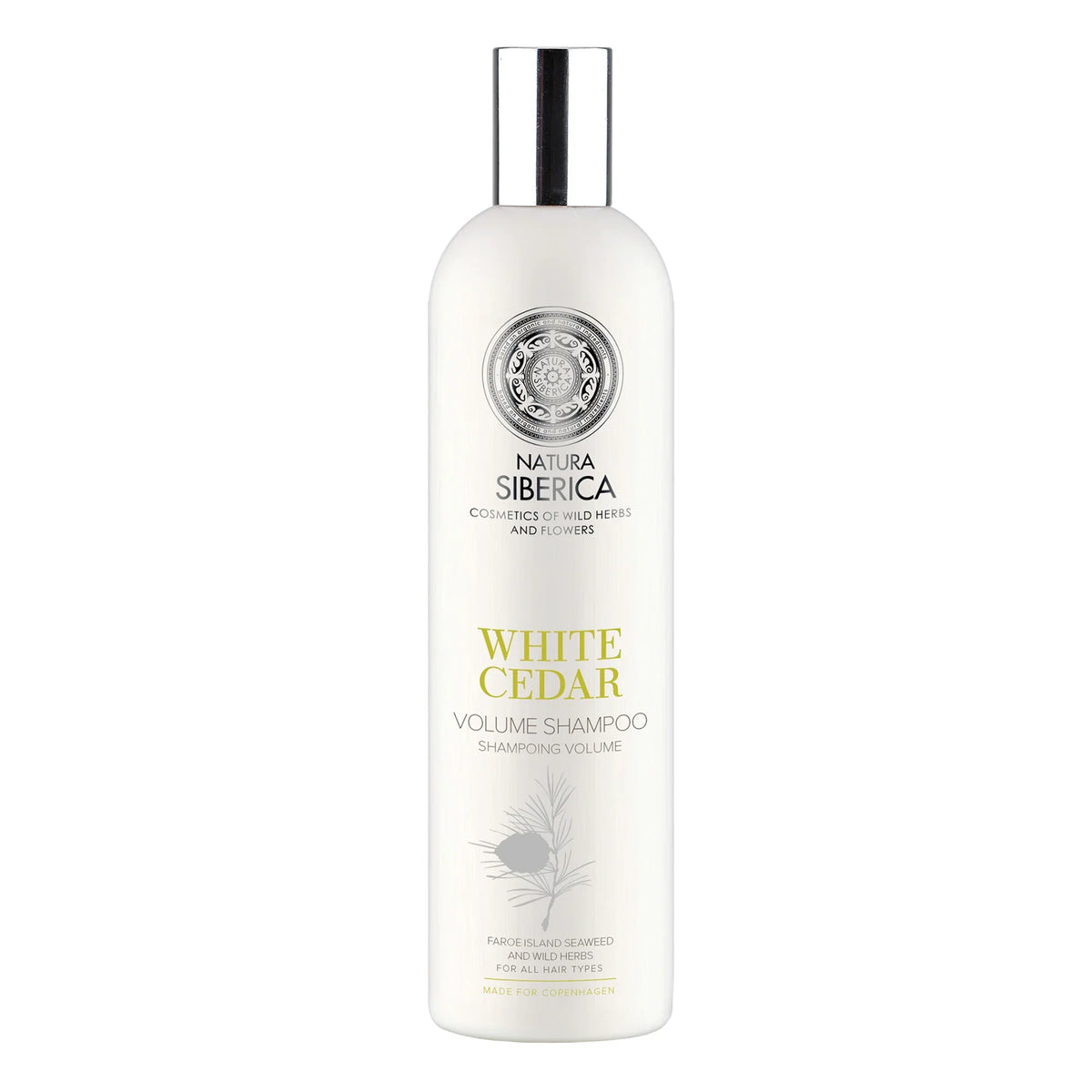 Natura Siberica White Cedar Volume Shampoo bottle for all hair types.