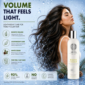 Natura Siberica White Cedar Volume Shampoo for fine, flat hair in a refreshing water setting.