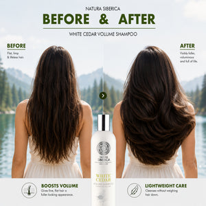 Natura Siberica White Cedar Volume Shampoo before and after results showing fuller, voluminous hair.