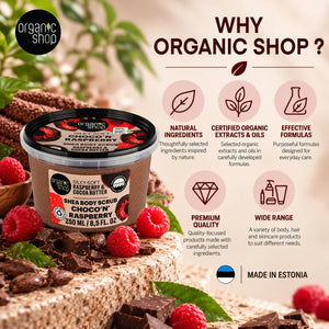 Organic Shop Silky-Soft Raspberry & Cocoa Butter Shea Body Scrub with fresh raspberries and chocolate.