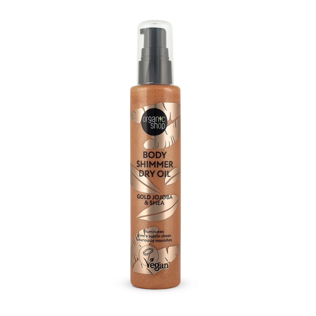 Organic Shop Gold Jojoba & Shea Body Shimmer Dry Oil in a bronze pump bottle.