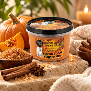 Organic Shop Pumpkin Spice & Brown Sugar Body Scrub with pumpkin and cinnamon sticks.
