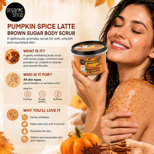 Woman using Organic Shop Pumpkin Spice Latte Brown Sugar Body Scrub for smooth skin.