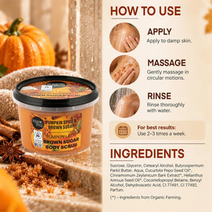 Organic Shop Pumpkin Spice & Brown Sugar Body Scrub with usage instructions and ingredients.