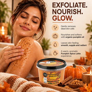 Woman applying Organic Shop Pumpkin Spice & Brown Sugar Body Scrub for glowing skin.