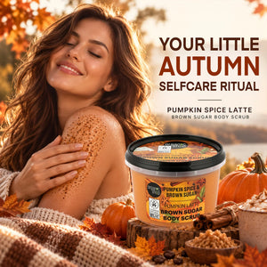 Woman using Pumpkin Spice Latte Brown Sugar Body Scrub for autumn self-care ritual.