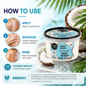 How to use Organic Shop Coconut and Sugar Hydrating Body Scrub infographic.