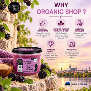 Organic Shop Blackberry and Sugar Polishing Body Scrub in a purple tub with blackberries.