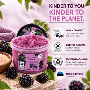 Organic Shop Blackberry and Sugar Polishing Body Scrub in a clear tub with blackberries.