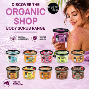 Organic Shop body scrub range featuring various scents like coconut, coffee, and mango.