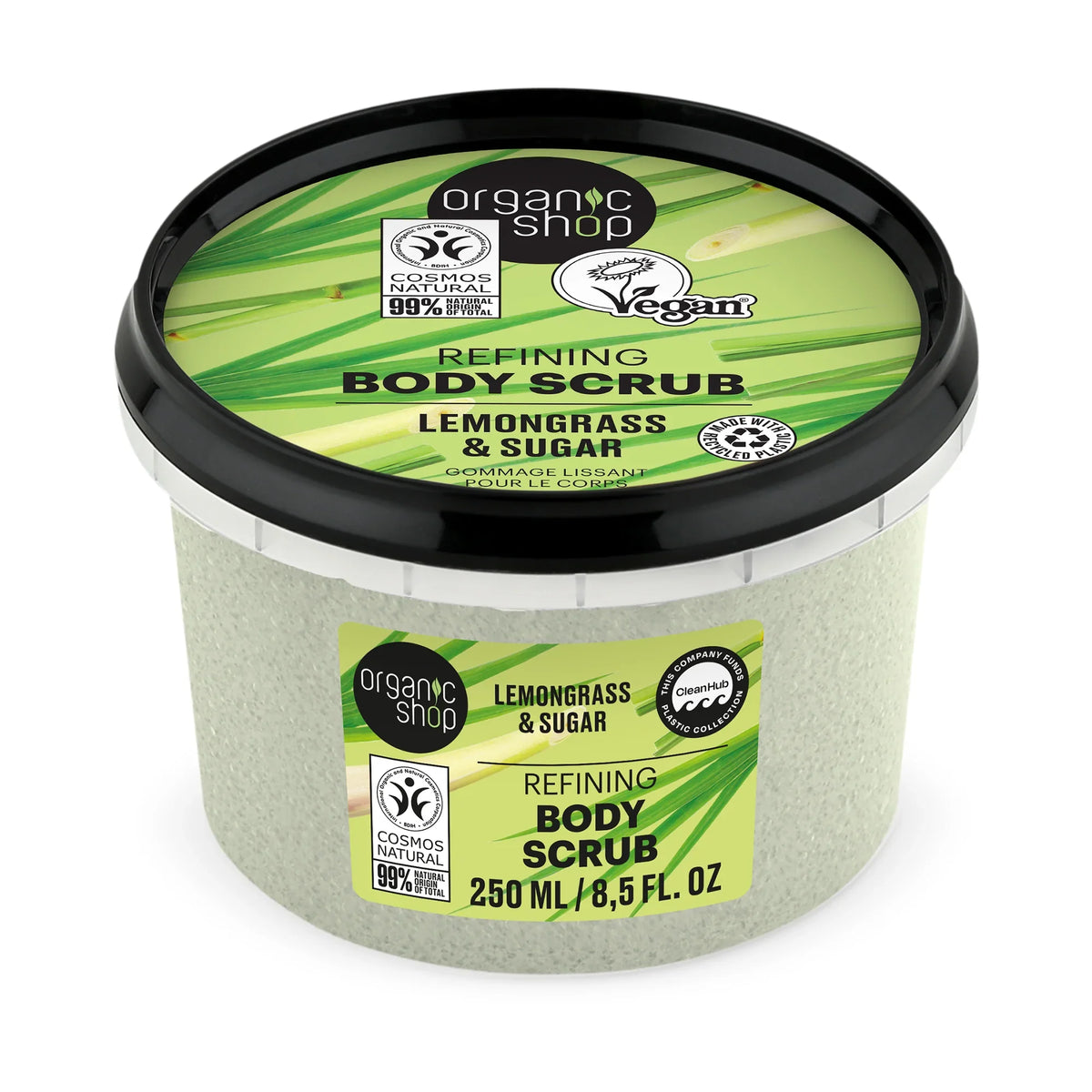 Organic Shop Lemongrass & Sugar Refining Body Scrub, 250ml vegan skincare container