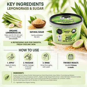 Organic Shop Lemongrass & Sugar Refining Body Scrub with key ingredients and usage instructions.