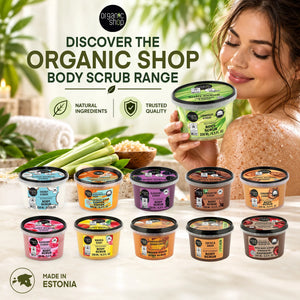 Organic Shop body scrub range with various scents and natural ingredients.