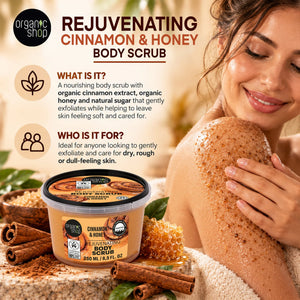 Organic Shop Rejuvenating Cinnamon & Honey Body Scrub applied to a woman's shoulder.