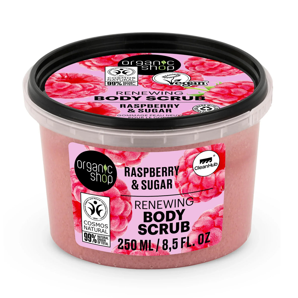 Organic Shop Raspberry & Sugar Renewing Body Scrub, 250ml pink exfoliating cream tub