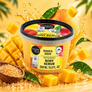 Organic Shop Mango & Sugar Repairing Body Scrub in a 250ml tub with mango chunks and sugar.