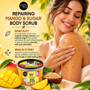 Organic Shop Repairing Mango & Sugar Body Scrub for smooth and exfoliated skin.