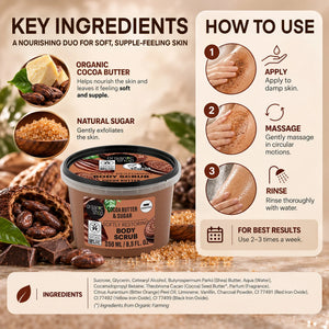 Organic Shop Cocoa Butter & Sugar Softly Restoring Body Scrub with ingredients and usage guide.